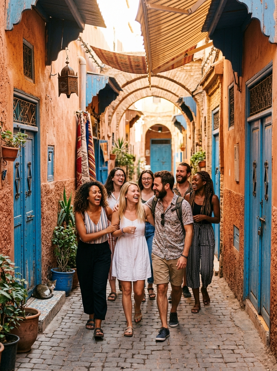 Group of travellers laughing in a Moroccan alleyway