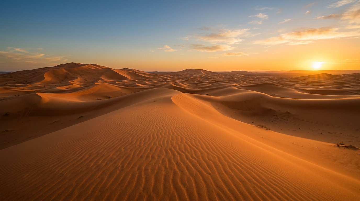 Sahara desert sand dunes at golden hour
